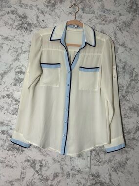 Express Ivory Button-Down Shirt with Light Blue & Navy Trim